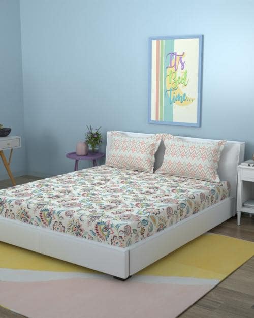 128 TC Floral Print Double Bedsheet with Pillow Covers