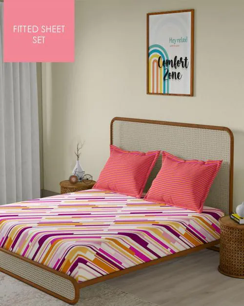 104 TC King Size Fitted Sheet with 2 Pillow Covers