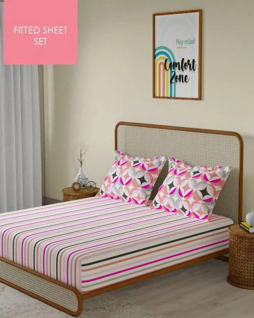 104 TC King Size Fitted Sheet with 2 Pillow Covers