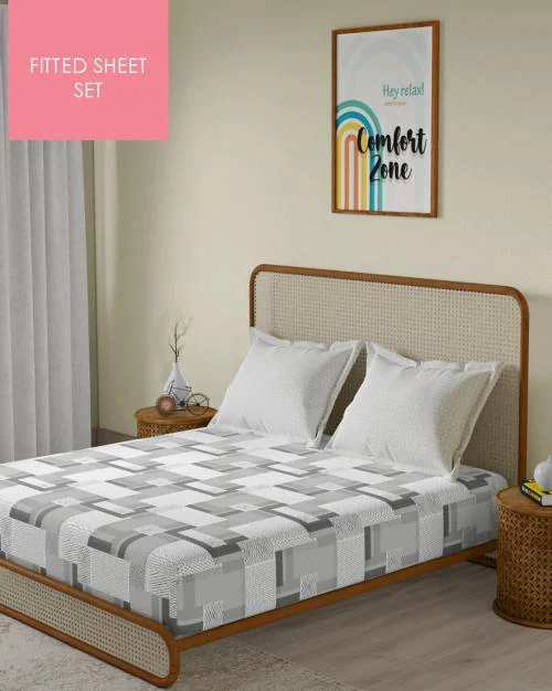 104 TC King Size Fitted Sheet with 2 Pillow Covers