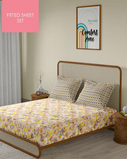 104 TC King Size Fitted Sheet with 2 Pillow Covers