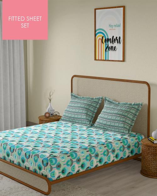 104 TC King Size Fitted Sheet with 2 Pillow Covers