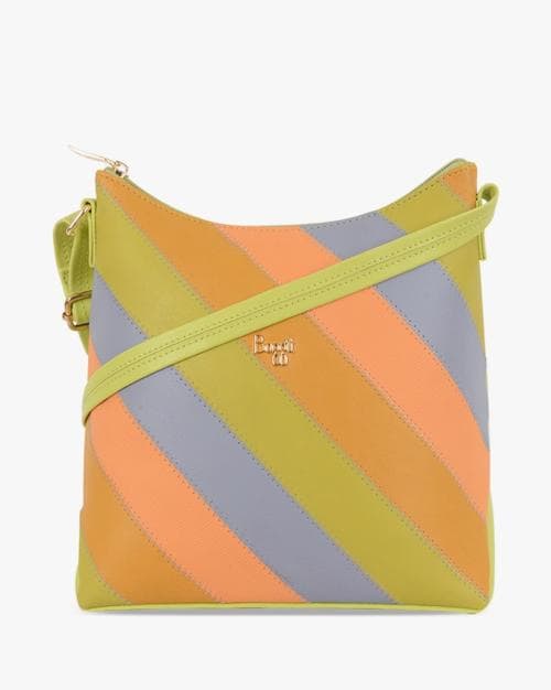 Women Striped Sling Bag with Detachable Strap