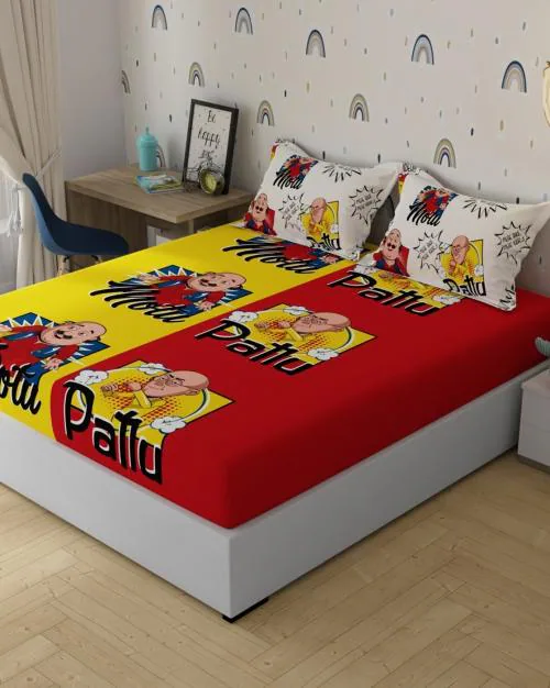 120 TC Motu Patlu Print Double Bedsheet with 2 Pillow Covers