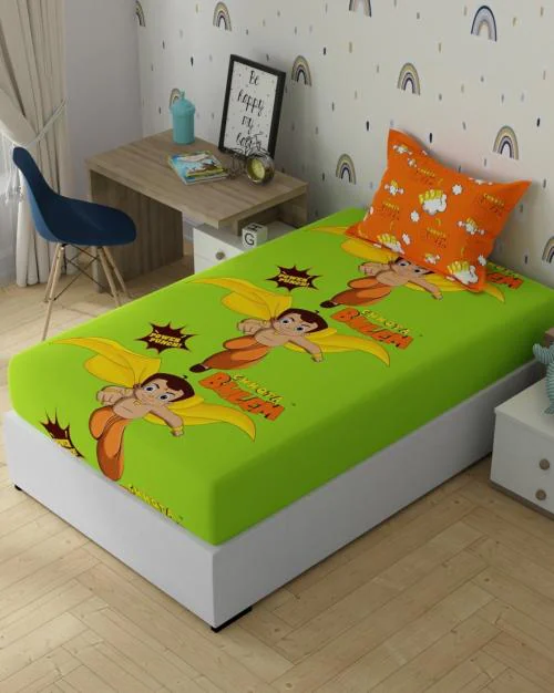 120 TC Chhota Bheem Print Single-Size Bedsheet with Pillow Cover