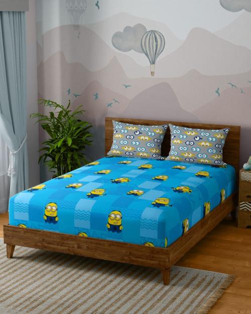 120 TC Minions Print Double Bedsheet with Pillow Covers