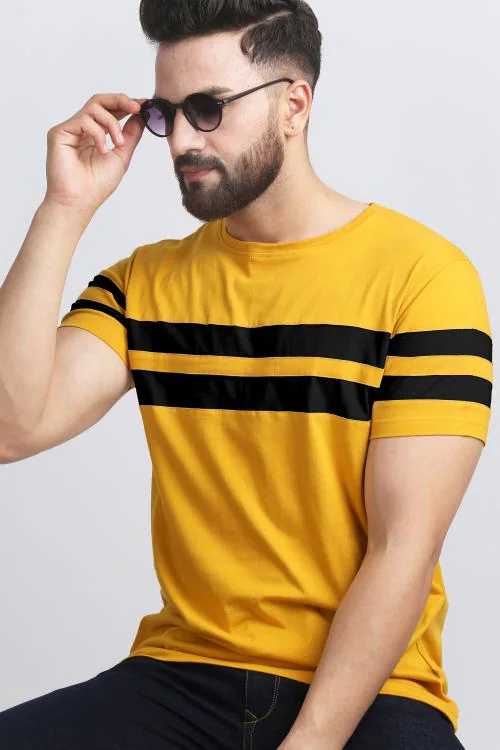 Ausk Men's Mustard & Black Colorblocked Round Neck Half Sleeve Casual T-Shirt