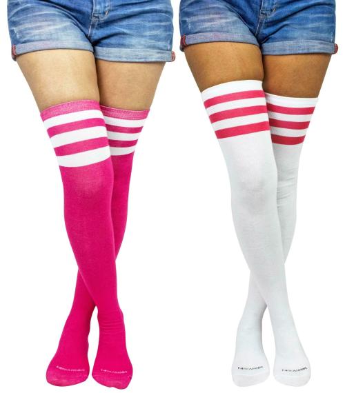 Neska Moda Women's 2 Pair Striped Cotton Thigh-High Stockings (Pink, White)