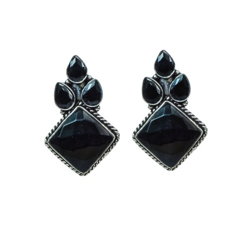 Kyoot Jewels Traditional Silver Oxidised Pitch Black Stone Jhumki Tops German Silver Oxidized Drop Earrings for Women and Girls