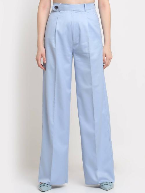 Ennoble Women Light Blue Viscose Rayon Solid Trousers - M