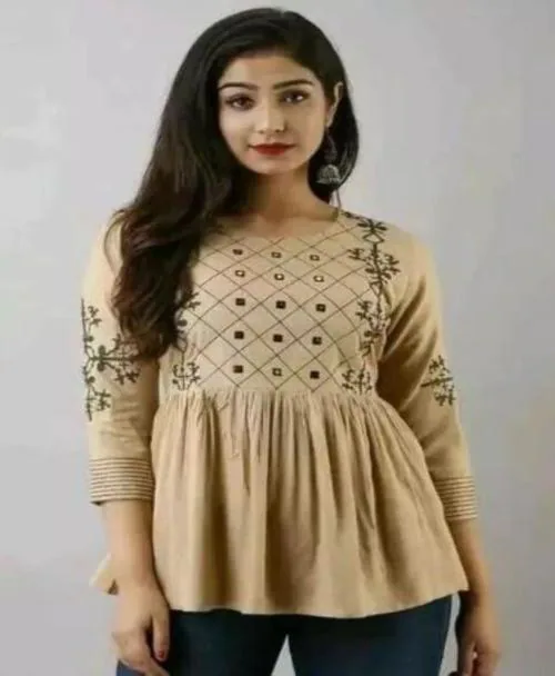 SK Textiles Fancy Designer Women Tops & Tunics, Beige-XL,Tops-105