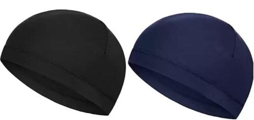 PlutoProm 2 Pack Cooling Skull Cap Helmet Liner Sweat Wicking Cycling Running Hat for Unisex (Black Blue)