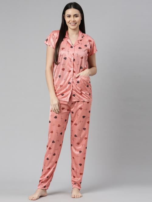 Loody'S Women Pink Printed, Polka Print Satin Night Suit Set (M) | Satin Nighties | M Nighties | Night wear | Sleepwear / Night Dress