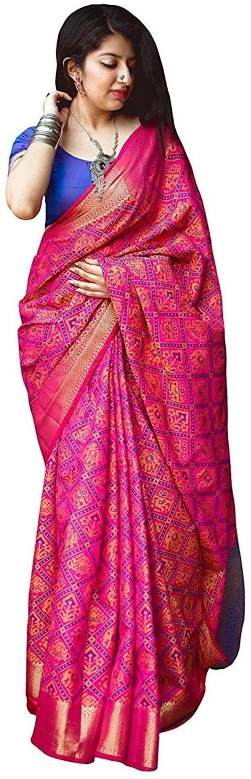 PANZORA Women Multicolor Woven Cotton Silk Patola Saree with Unstitched Blouse Piece