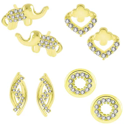 Okos Gold Plated CZ Jewellery Combo of 4 Designer Delicate Tops Earrings Crafred With White CZ Stones For Girls and Women ER1000150GLD