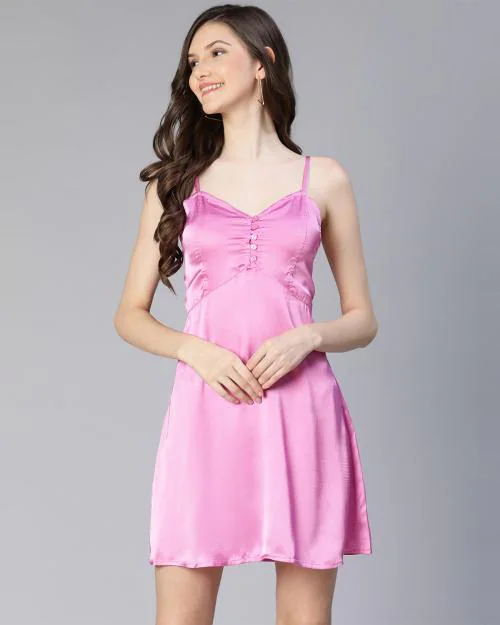 Wondrous purple shoulder strap partywear women satin dress