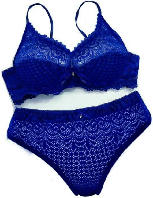 DHANDAI FASHION Women Blue Self Design Lace Bra and Panty Set