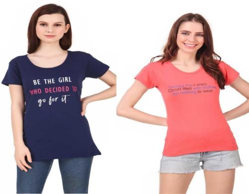 High Seas Women Multicolor Typography Cotton Blend Round Neck T-Shirts - M (pack of 2)