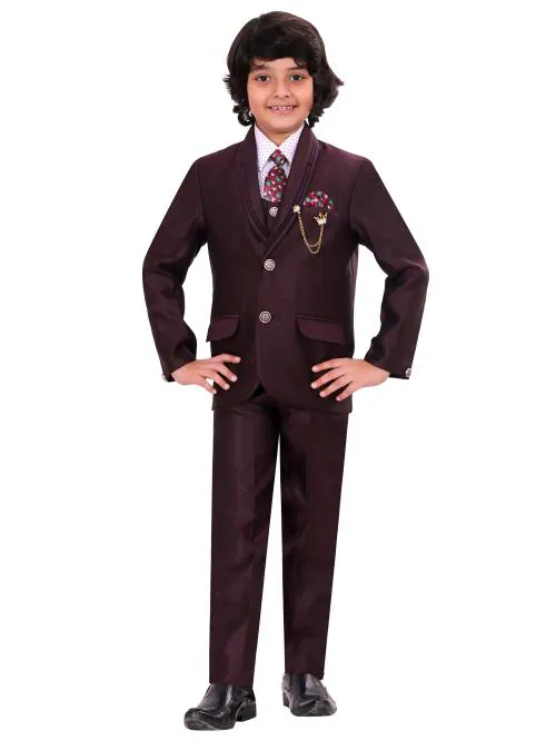 BT Dezines Kids 5 Piece Coat Pant Suit Set For Boys (7-8 Years, Wine)