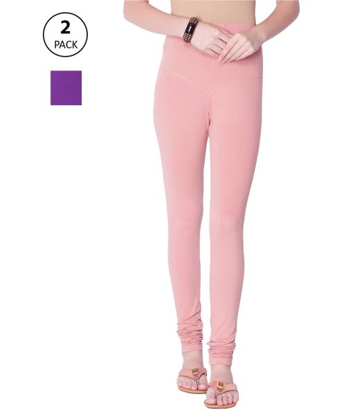 Dollar Women's Missy Pack of 2 Light Onion and Brinjal Color Combo Pack Churidar Leggings