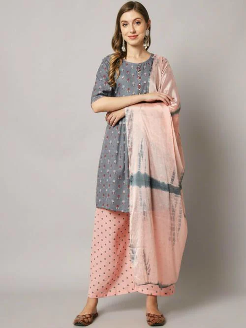 Sun Fashion And Lifestyle Women Grey Printed Cotton Blend Kurta And Palazzo Set (L)