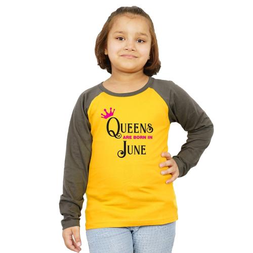 LIMIT Fashion Store - Queens Are Born In June Kids T-Shirt (7-8 Years) (Girls) Yellow - Military Green