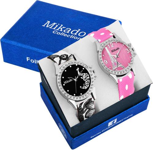 Mikado Analog Black Pink Watch For Girls ,Pack Of 2