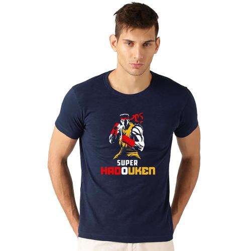 BRATMA Men Navy Super Hadouken Printed Cotton T-Shirt (M)