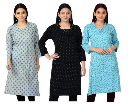 IndiWeaves Women Cotton Printed 3/4th Sleeves Kurtis (Pack of 3) Multicolor