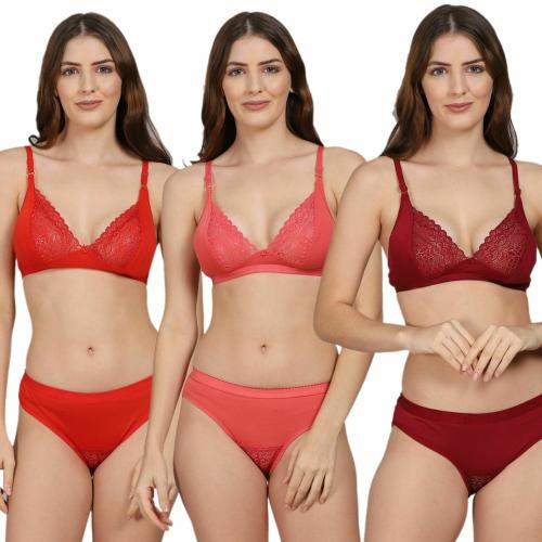 PrivateLifes Women Multicolor1 Embroidered Polycotton Bra & Panty Set For Women Pack Of 3