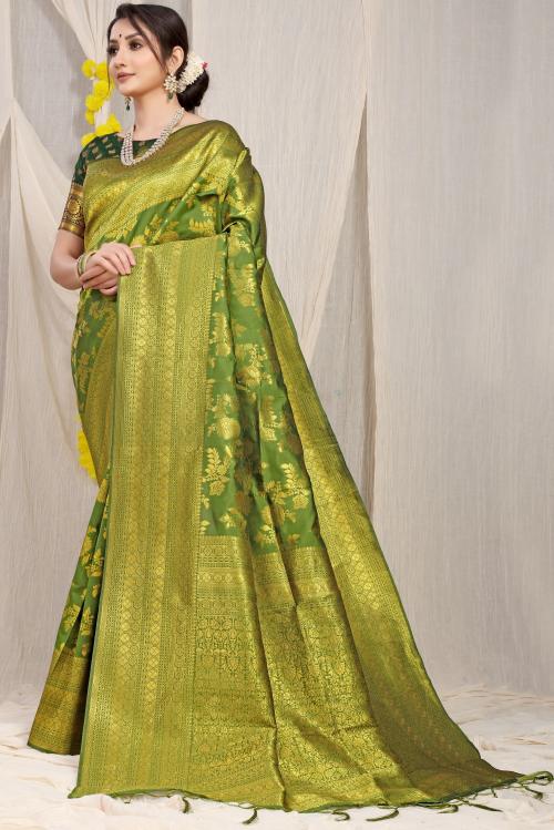 PatialaPicks Pure Silk Saree with Pure Gold Jari work with Running Blouse Light Green