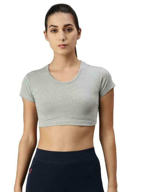 De Moza Women Grey Solid Cotton Crop Top - L
