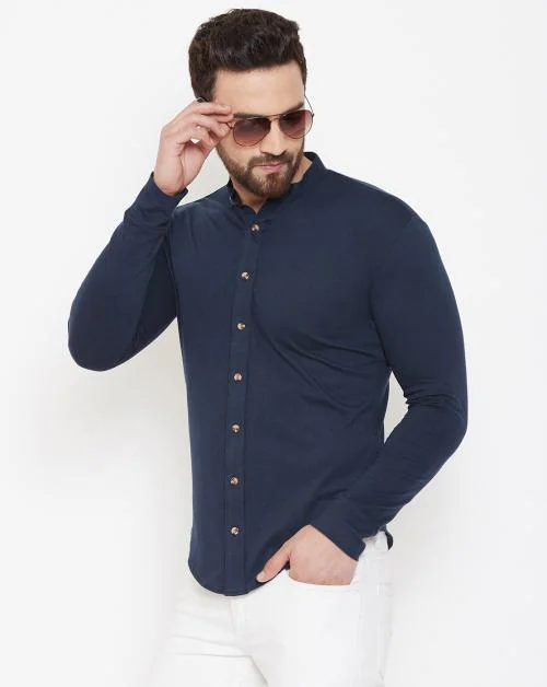 Buy Gespo Men's Navy Blue Solid Cotton Blend Full Sleeve Shirt Online ...