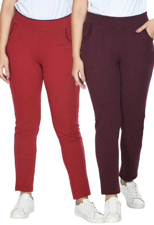 PREEGO Women Red & Maroon Solid Slim-Fit Jeggings Pack Of 2