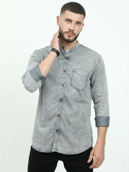 18 PLUS Eighteen Plus Men's Slim Fit Casual Cutaway Collared Denim Full Sleeve Shirt Grey XX-Large