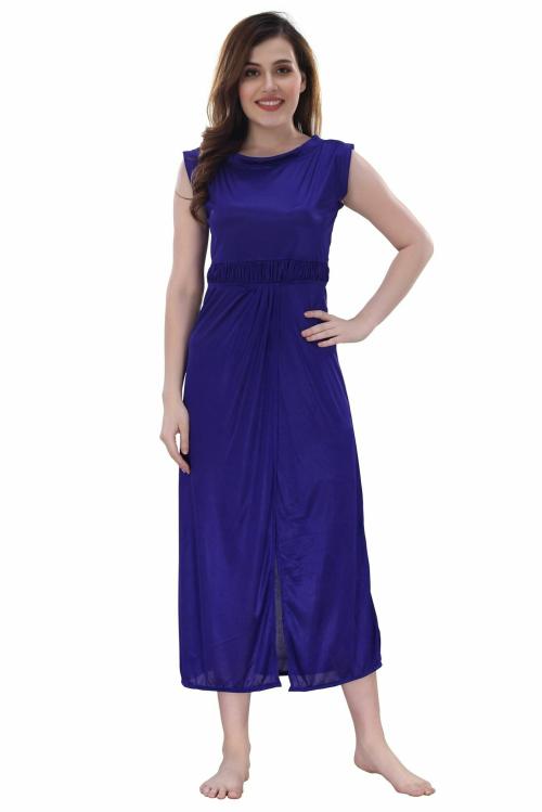 Romaisa Women's Blue Satin Solid Midi Length Nightgown (Free Size)