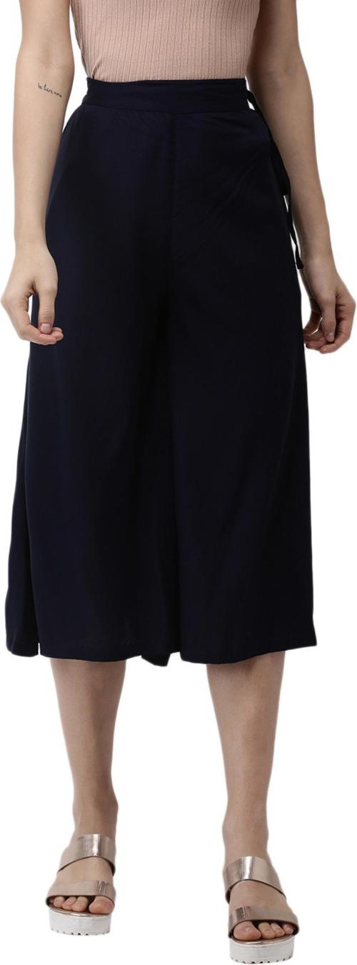 De Moza Women Blue Solid Viscose Rayon Flared Trousers (M)