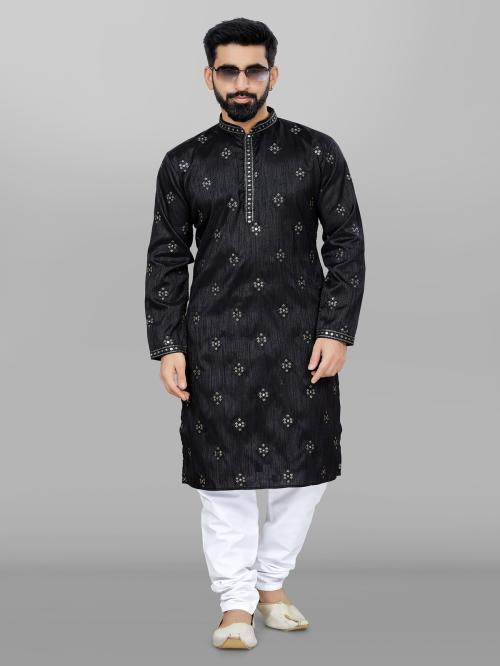 OUTLUK Traditional Indian Black Colour Kurta With Embroidery Work And Raymond Cotton Pajama set