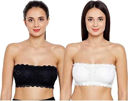 SPIRIT BEAUTY Women's Lace Silk Strapless Wire Free Lightly Padded Regular Tube Bra Bra (Black/White) (Pack of 2)