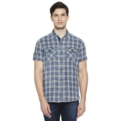 Mufti Slim Fit Small Check Authentic Casual Half Sleeve Shirt In Cotton