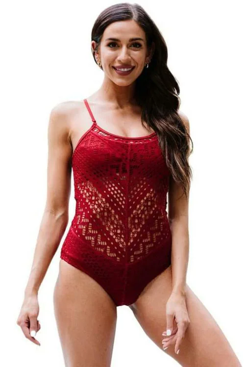 Plus Curvves Red Crochet Lace Halter Straps One-piece Swimsuit - S Size