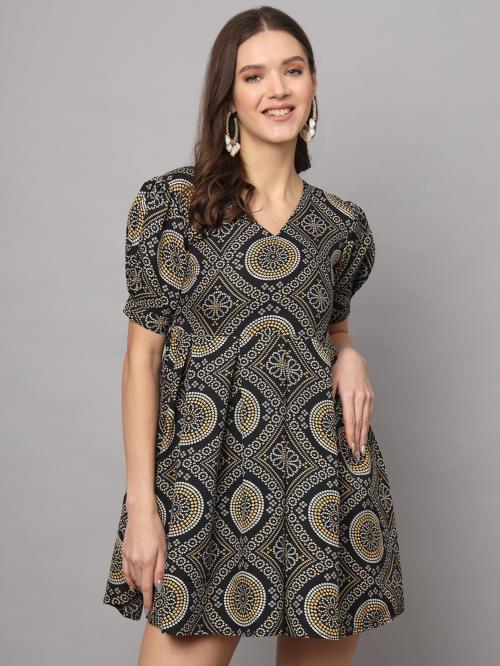 Shree Sheetal Fashion & Arts Womens Geometric Design Printed Above Knee Length Flared Top (Black) DH-T36-BLACK-XL