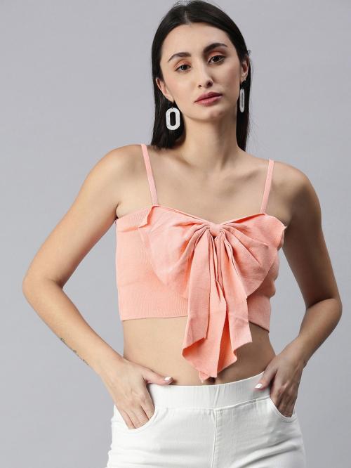 SHECZAR Peach-Pink Solid Stretchable Crop Top With Bow Detail