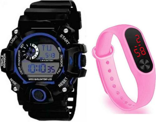 EDENSCOPE Digital Black, Blue Dial Black, Pink Strap Watch For Boys And Girls (RY/426)