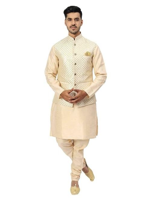 ethluxis Mens Golden Silk Blend Kurta Pyjama with Nehru Jacket, Medium