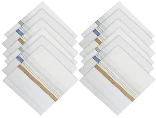 DIKHAWA 100% Cotton Pack of 12 Handkerchiefs Hanky For Men, White Striped, Large Size