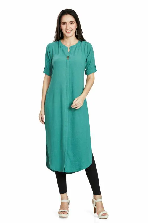 nioni Woman’s Straight Fashionable Round Neck kurta with folded sleeves/Plain Kurti (Sea Green_L)