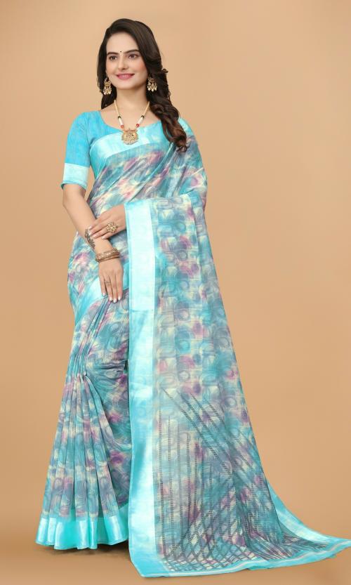 Rekha Maniyar Women's Floral Printed Linen Blue Saree With Unsttiched Blouse Piece