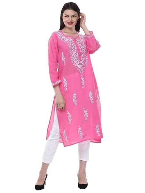 Meera's Fashion Chikankari Lucknowi Chikankari Kurta for Women Pure Cotton (Pink,L)