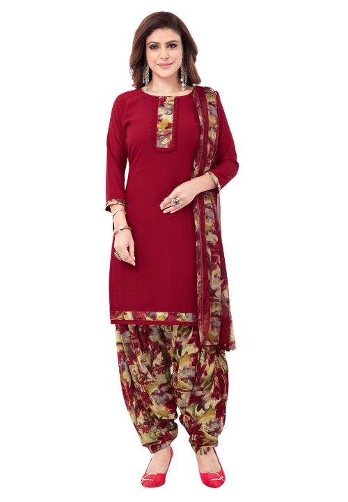 Salwar Studio Women's Maroon & Beige Synthetic Printed Unstitch Dress Material with Dupatta